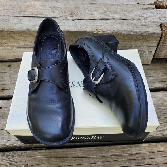 Vintage 90s y2k Black Leather Monk Strap Buckle Chunky Heel Loafer Oxfords 9 - Picture 1 of 7
